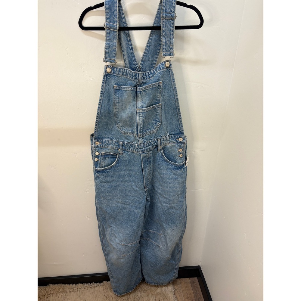 We The Free Free People Barrel Leg Denim Overalls Ultra Light Beam Blue XL NWT